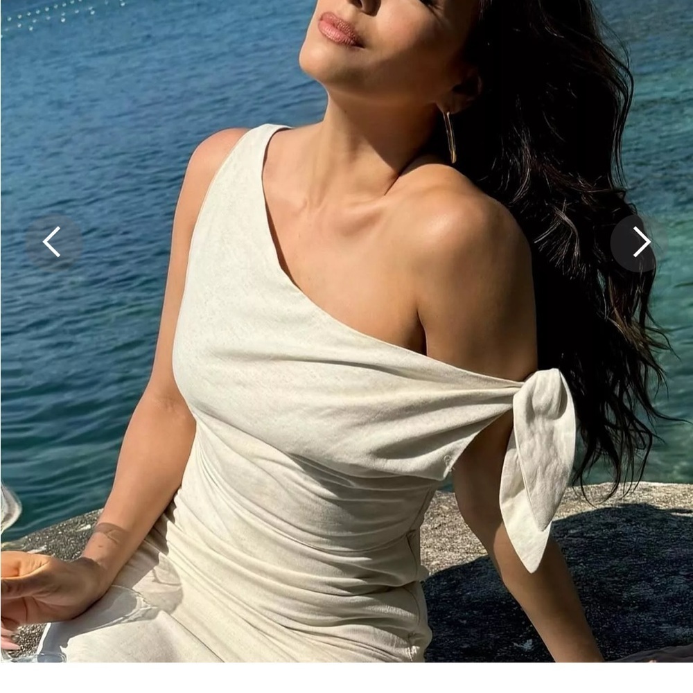 SHOWPO Cincinnati maxi beige Dress off shoulder cotton linen slit classy 10 new - Picture 12 of 15